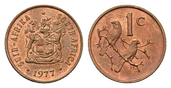 ЮАР 1 цент 1977 герб, капские воробьи KM 82 бронза UNC 4690-933