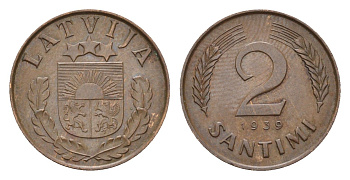 Латвия 2 сантима 1939 KM 11.2 бронза 4679-256