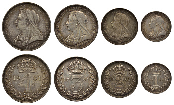Великобритания набор из 4 монет 1901 1, 2, 3 и 4 пенса, Манди сет, в оригинальной коробке, Виктория (1837-1901) Spink 3943 серебро UNC 00-821-24