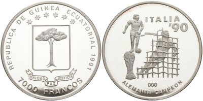 Экваториальная Гвинея 7000 франков 1991 Чемпионат мира по футболу KM 67 серебро PROOF 11-077-44