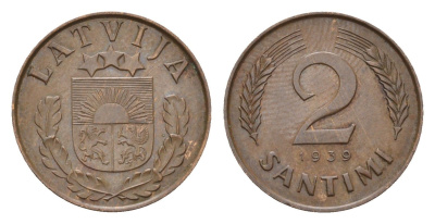 Латвия 2 сантима 1939 KM 11.2 бронза 4679-256