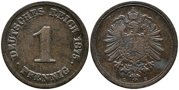 ГЕРМАНИЯ 1 ПФЕННИГ 1875 G, СТАРОГЕРБОВКА KM 1, J. 1 медь 100-615