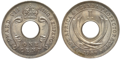 Британская Восточная Африка и Уганда 1 цент 1909 Эдуард VII (1902-1910) KM 5a медно-никель UNC 4561-1123