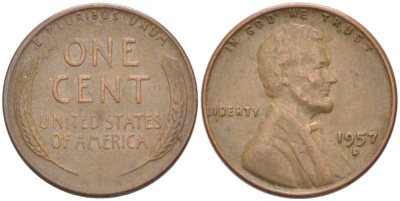 США 1 ЦЕНТ 1957 D, ЛИНКОЛЬН KM А132 медь цинк 218-716