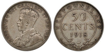 Ньюфаундленд 50 центов 1918 С, Георг V (1910-1936) KM 12 серебро    4044-942