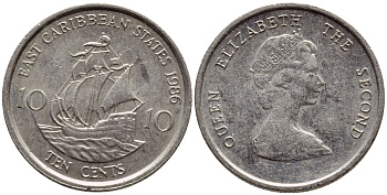 Восточно-Карибские штаты 10 центов 1986 Елизавета II (1952-2022), парусник KM 13 медно-никель 4396-614