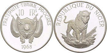 Нигер 10 франков 1968 лев, с чертой над Е, в слове Republique, тираж 1000 экземпляров KM 8.1 серебро PROOF 1080-8-24