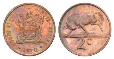 ЮАР 2 цента 1970 тираж 10.000 экземпляров KM 83 медно-никель PROOF 603-1135