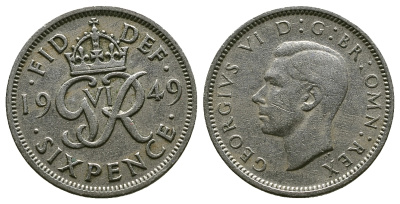 Великобритания 6 пенсов 1949 Георг VI (1936-1952) KM 875, Spink 4110 медно-никель 4381-923