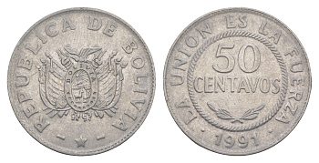 Боливия 50 сентаво 1991 KM 204 нержавеющая сталь 4638-311