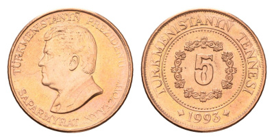 Туркменистан (Туркмения) 5 тенге 1993 год-тип KM 2 сталь плакированная медью UNC 4679-617