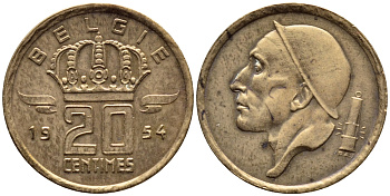Бельгия 20 сантимов 1954 Belgie, Бодуэн I (1951-1993) KM 147.1 бронза 4392-848