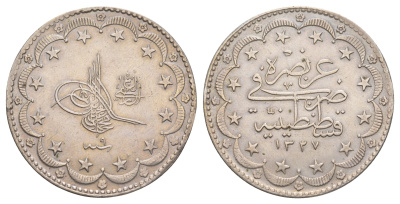 Турция 20 курушей 1909 (1917) AH 1327, Османская империя KM 780 серебро aUNC 1515-1232