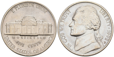 США 5 ЦЕНТОВ 1992 D, ДЖЕФФЕРСОН KM A192 медно-никель 190-147