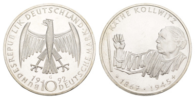 ФРГ 10 марок 1992 G, 125 лет со дня рождения Кете Кольвиц KM 178 серебро UNC 4634-1015