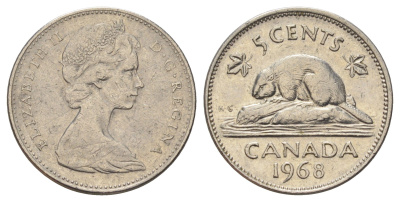 Канада 5 центов 1968 Елизавета II (1952-2022), бобр KM 60.1 никель 4689-356