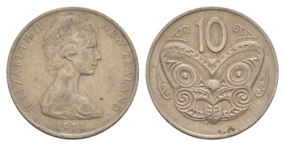 Новая Зеландия 10 центов 1974 KM 41.1 медно-никель 4179-747