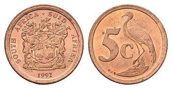 ЮАР 5 центов 1992 герб, райский журавль KM 134 сталь плакированная медью UNC 4687-154