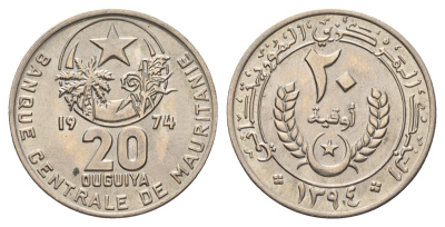 Мавритания 20 угий 1974 KM 5 медно-никель UNC 4127-1833