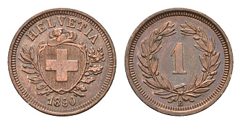 Швейцария 1 раппен 1890 B KM 3.1 бронза 1530-1413