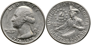США 25 центов (квотер) 1976 D, 200 лет независимости (1776-1976), Вашингтон, барабанщик KM 204 медь плакированная медно-никелем 3336-653