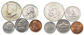 США набор из 5 монет (1, 5 и 10 (дайм) центов; 1/4 (квотер) и 1/2 доллара) 1964 KM 164, 195. A192, 201 и 202 UNC 6-5-3-13