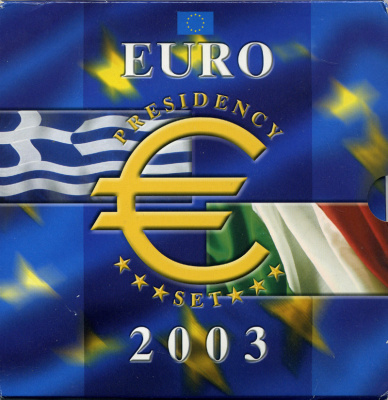 Бельгия евронабор из 12 монет + 2 жетонА 2003 президентство в евросоюзе, 12 монет по 1 евро всех стран еврозоны, Греция 1.1.2003 - 30.06.2003, Италия 1.07.2003 - 31.12.2003    UNC биметалл 5-4-5-27