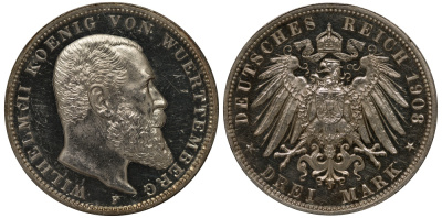 Вюртемберг 3 марки 1908 F, Вильгельм II (1891-1918) Weege 171, J.175, KM 635 серебро PROOF 00-816-53
