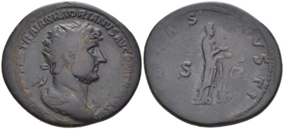 Римская Империя дупондий 119 - 121 Адриан, IMP CAESAR TRAIAN HADRIANVS AVG P M TR P COS III, бюст императора / PIETAS AVGVSTI S C, Рим RIC 601b бронза 1073-5-8-3