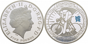 Великобритания 5 фунтов 2011 Елизавета II (1952-2022), XXX Летние Олимпийские игры 2012 в Лондоне 2012 - Обратный отсчет 1 год до начала, велосипедный спорт, KM 1202, Spink LO35 серебро PROOF 1077-6-21