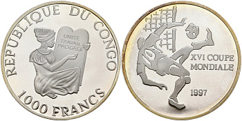 Конго 1000 франков 1997 XVI чемпионат мира по футболу 1998 года во Франции, удар по воротам KM 39 серебро PROOF 04-319-42
