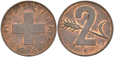 Швейцария 2 раппена 1963 В KM 47 бронза 4586-1044