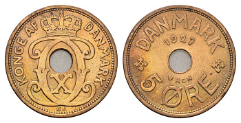 Дания 5 эре 1927 NCH, Кристиан X (1912-1947) KM 828 бронза 4700-756