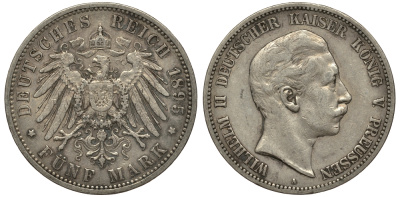 Пруссия 5 марок 1895 Вильгельм II (1888-1918) KM 523, J.104 серебро    413-2331