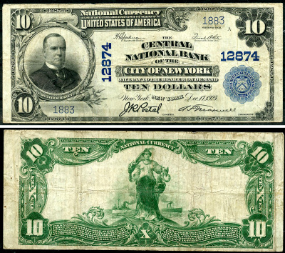 США 10 долларов 1902 National Bank Note, Центральный Национальный банк Нью-Йорка Fr 635  бумага   10-3-11
