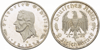 Германия 2 рейхсмарки 1934 F, 175 лет со дня рождения Фридриха Шиллера J. 358, KM 84 серебро PROOF 00-000-00