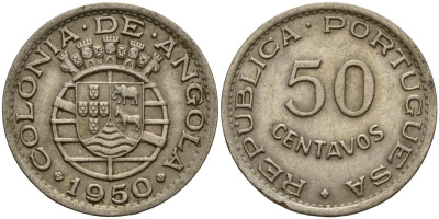 Ангола 50 сентаво 1950 300 лет революции 1648 года KM 72 никель бронза 4121-1216