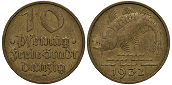 Данциг 10 пфеннигов 1932 рыба J. D 13, KM 152 алюминиевая бронза 113-316