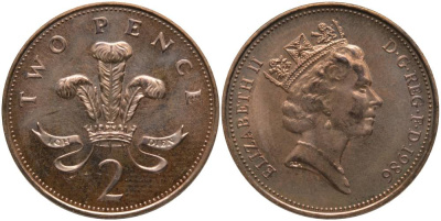 Великобритания 2 пенса 1986 Елизавета II (1952-2022) KM 936, Spink 4376 (C3) бронза UNC 181-627