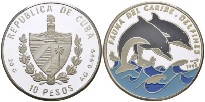 Куба 10 песо 1994 Карибская фауна, дельфины, цветная эмаль KM 449.2 серебро PROOF 11-178-44