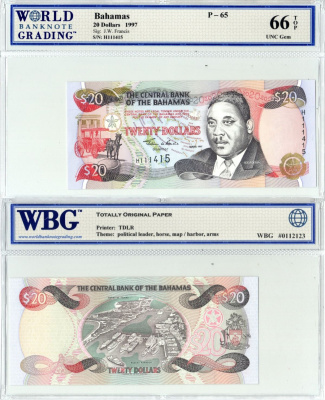 Багамский Острова 20 долларов 1977 в холдере компании WBG 66 UNC Gem, Сэр Майло Боутон Батлер, бухта Нассау Pick 65 бумага UNC (пресс) 452-3-19
