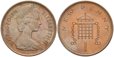 Великобритания 1 пенни 1978 Елизавета II (1952-2022) KM 915, Spink 4237 (B1) бронза 4594-116