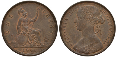 Великобритания 1 пенни 1861 Виктория (1837-1901) KM 749.2, Spink 3954 бронза 00-821-59
