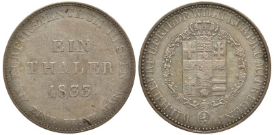 Гессен-Кассель 1 талер 1833 Вильгельм II Гессен-Кассельский (1821-1847) и Фридрих Вильгельм I (1831-1847), тираж 17000 экземпляров КМ 587, AKS 46, J. 32, Davenport 252 серебро 00-807-34
