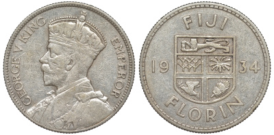 Фиджи 1 флорин 1934 Георг V (1910-1936), герб Фиджи KM 5 серебро    91-1131