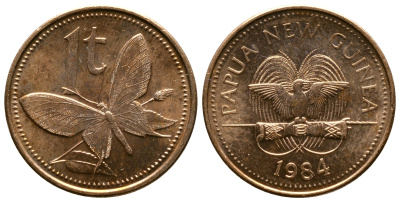 Папуа-Новая Гвинея 1 тойя 1984 бабочка KM 1 бронза UNC 261-543