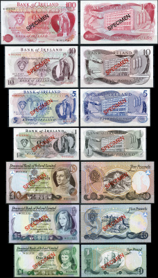 Северная Ирландия 1, 1, 5, 5, 10, 10 и 100 фунтов ND (1974-1978) образец, Specimen, № 001916 Pick 61 s, 62 s, 63 s, 64 s, 247 s, 248 s, 249 s  бумага  UNC (пресс) 451-268-1
