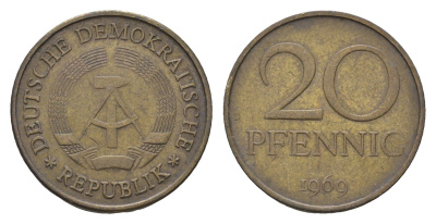 ГДР 20 пфеннигов 1969 KM 11 латунь 4641-1134