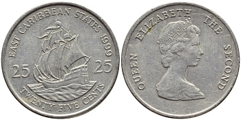 Восточно-Карибские штаты 25 центов 1999 Елизавета II (1952-2022), парусник KM 14 медно-никель 89-612