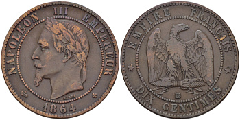 Франция 10 сантимов 1864 ВВ, Наполеон III (1852-1870) KM 798.2, Le Franc 134.12 бронза 3460-235
